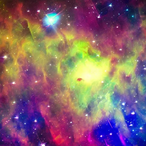 Prompt: A space probe against a nebula background, Hubble image, iridescent colours