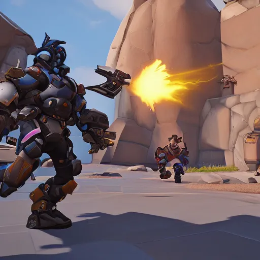 Prompt: pathfinder apex overwatch cameo, in-game screenshot