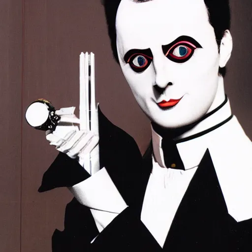 Image similar to a high quality product photo ad of klaus nomi with a technical reed rollerball pen exacto knife made in switzerland by junji ito and joseph cornell, ethereal eel