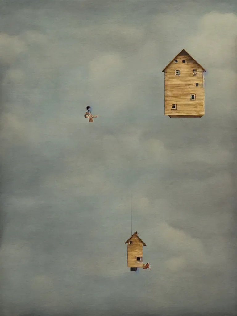 Image similar to artist cinta vidal painting on wooden canvas of 3 d house floating in the air, high detail colored pencil illustration,