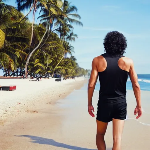 Prompt: a man walking in a sunny day in the beach with black shorts, realistic