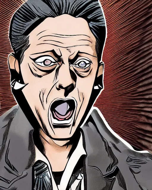 Prompt: Digital color ink drawing of Steve Buscemi from JoJo\'s Bizzare Adventure, highly detailed, sharp focus, screentone shading, 1990 manga panel, trending on ArtStation, manga cover art drawn by Hirohiko Araki