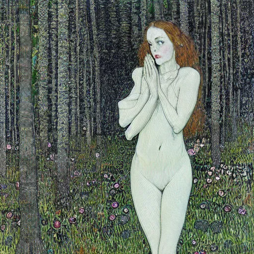 Image similar to Hannah Fierman with beautiful clear defined face and body as a gothic victorian woman standing in front of a lake near an ominous forest. Junji Ito, Gustav Klimt, sharp focus, HR Giger