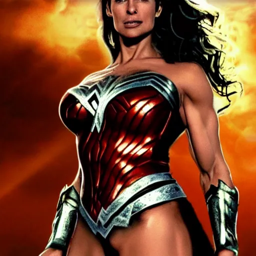 Image similar to trish stratus as wonder woman, artstation hall of fame gallery, editors choice, #1 digital painting of all time, most beautiful image ever created, emotionally evocative, greatest art ever made, lifetime achievement magnum opus masterpiece, the most amazing breathtaking image with the deepest message ever painted, a thing of beauty beyond imagination or words, 4k, highly detailed, cinematic lighting