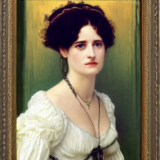 Image similar to portrait en buste of eva green in an edwardian dress by frederic william burton and frederic leighton, abundantly detailed, perfectly detailed eyes