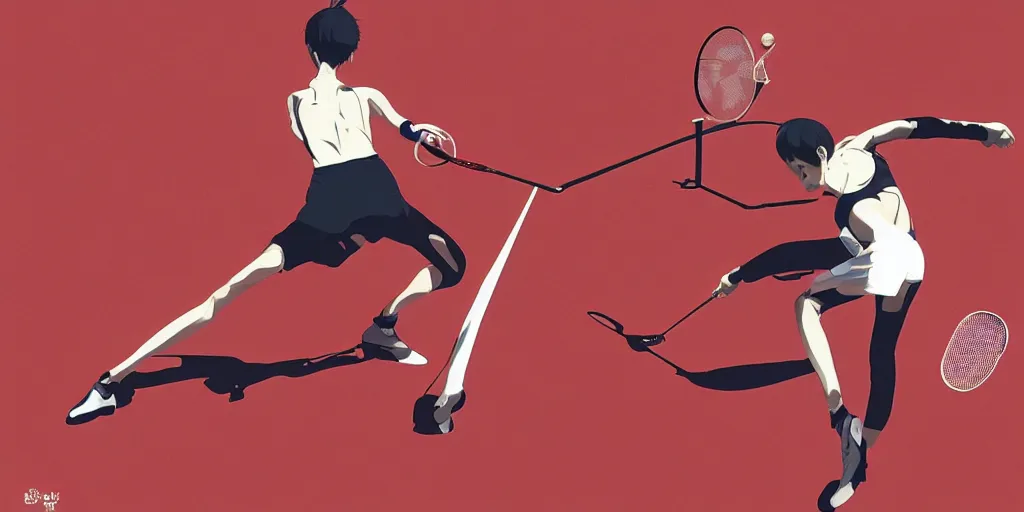 Image similar to illustration of a badminton, realistic body poses, badminton rackets, badminton birdies, by ilya kuvshinov katsuhiro otomo