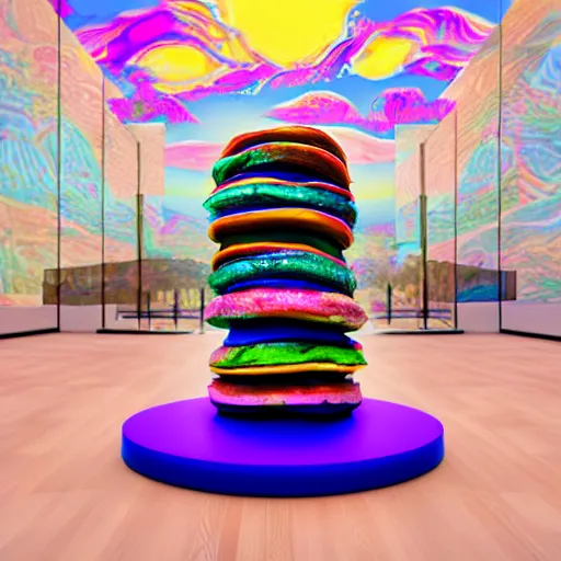 Image similar to a psychedelic stack of pancakes on a pedestal at an art museum, realistic photo, vaporwave style