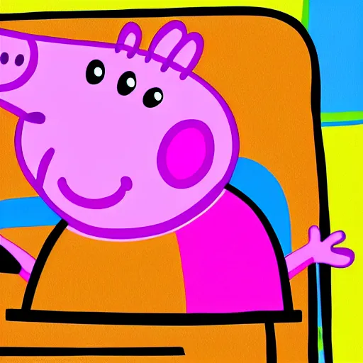 Image similar to peppa pig robbing a bank, digital art