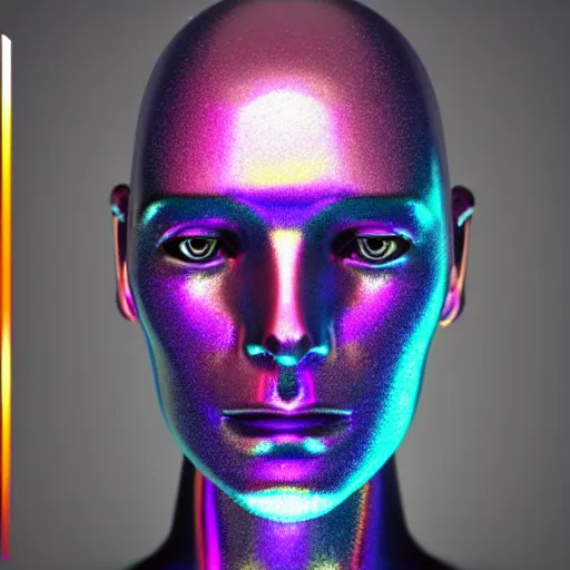 Image similar to 3d render of holographic human robotic head made of glossy iridescent, surrealistic 3d illustration of a human face non-binary, non binary model, 3d model human, cryengine, made of holographic texture, holographic material, holographic rainbow, concept of cyborg and artificial intelligence