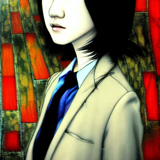 Image similar to yoshitaka amano blurred and dreamy realistic three quarter angle portrait of a young woman with short hair and black eyes wearing office suit with tie, junji ito abstract patterns in the background, satoshi kon anime, noisy film grain effect, highly detailed, renaissance oil painting, weird portrait angle, blurred lost edges