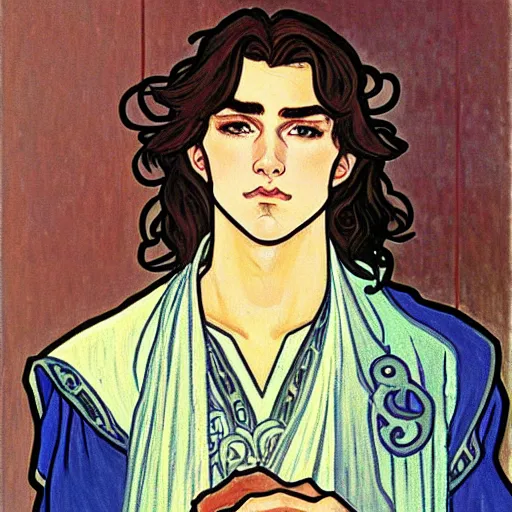 Image similar to painting of young handsome beautiful paladin elf! man with long wavy dark hair in his 2 0 s named shadow taehyung at the blueberry party, wearing armor!, elegant, clear, painting, stylized, delicate, soft facial features, art, art by alphonse mucha, vincent van gogh, egon schiele,