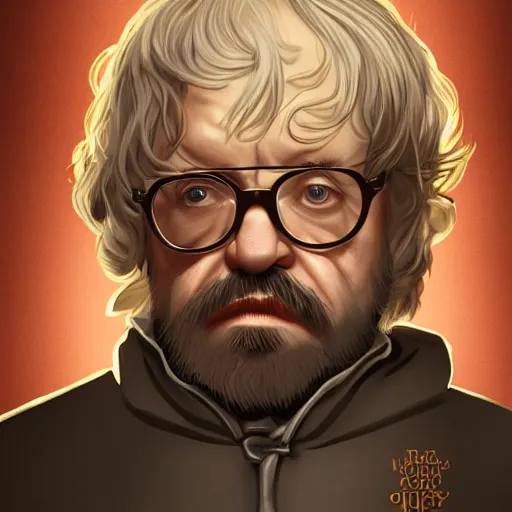 Prompt: portrait of George R.R. Martin as Tyrion Lannister wearing glasses with grey hair as he stands at the top of off the Wall, fantasy leather clothing, ambient lighting, 4k, anime key visual, lois van baarle, ilya kuvshinov, rossdraws, artstation