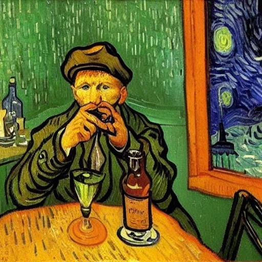 Prompt: van gogh drinking absinthe in a cafe, in the style of van gogh