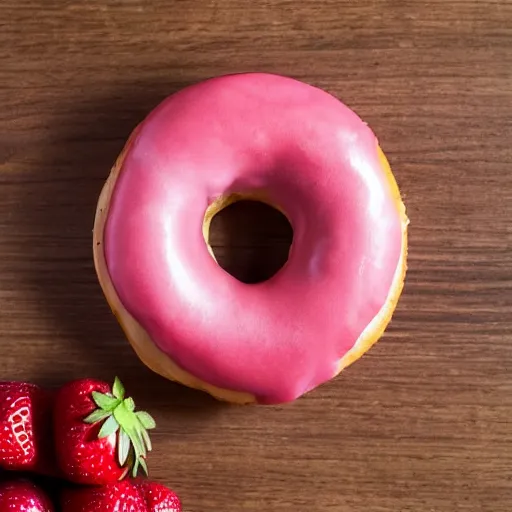 Prompt: Perfectly circular donut!!!!! in the shape of a strawberry!!!!!!, trending on artstation, 4k, 8k, professional photography, overhead shot, 35mm lens