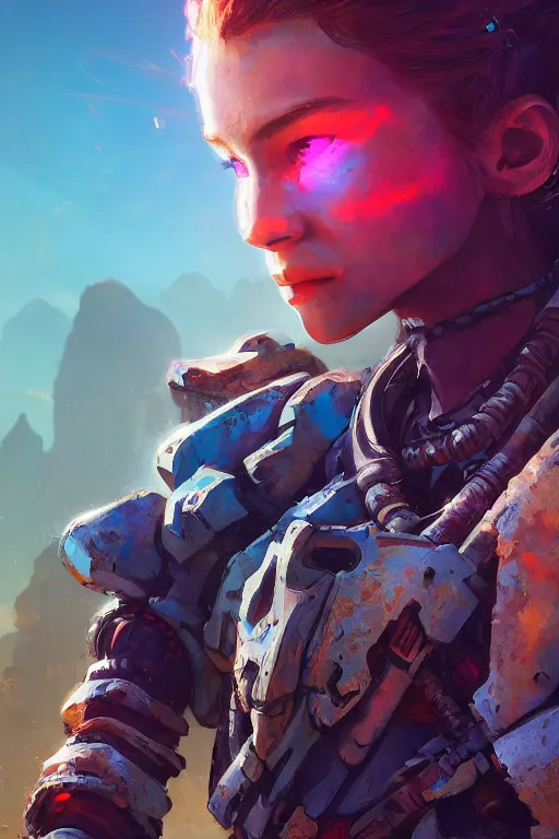 Image similar to combination suit armor aloy horizon forbidden west horizon zero dawn radiating a glowing aura global illumination ray tracing hdr fanart arstation by ian pesty and alena aenami artworks in 4 k tribal robot ninja mask helmet backpack