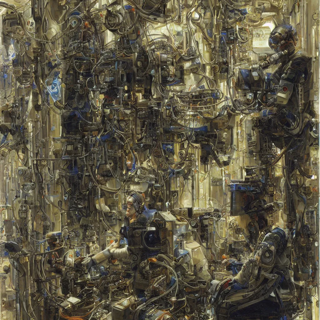 Image similar to painting by donato giancola, portrait of a cyberpunk technician engineer