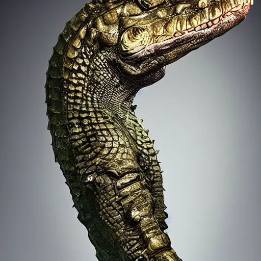 Image similar to a mummified crocodile, fantasy art, cinematic lighting