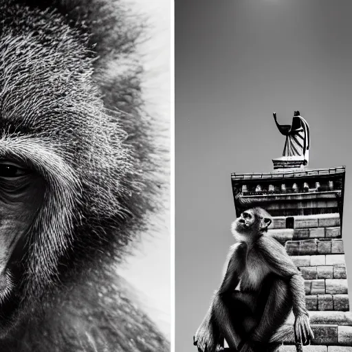 Image similar to high quality portrait of a monkey in front of Christ The Redeemer, studio photograph, photograph, realistic photo, 8k photo, 4k photo, stock photo, high resolution, cinematic shot, high detail