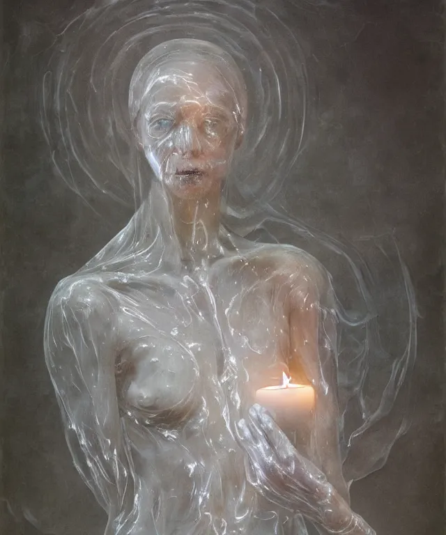 Image similar to Beautiful full-body wax sculpture of glowing transparent woman with visible bones covered with melted white candle wax inside the singularity where stars becoming baroque folds of dark matter by Michelangelo da Caravaggio, Nicola Samori, William Blake, Alex Grey and Beksinski, dramatic volumetric lighting, highly detailed oil painting, 8k, masterpiece