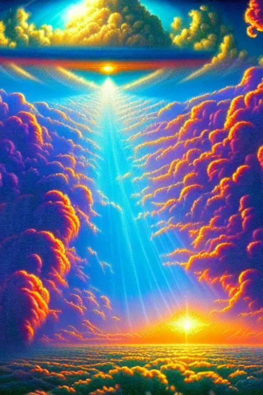 Prompt: a photorealistic detailed cinematic image of a beautiful vibrant iridescent future for human evolution, spiritual science, divinity, utopian, cumulus clouds, ornate god figure, ascended master, glory, holy, incarnation, isometric, by david a. hardy, kinkade, lisa frank, wpa, public works mural, socialist