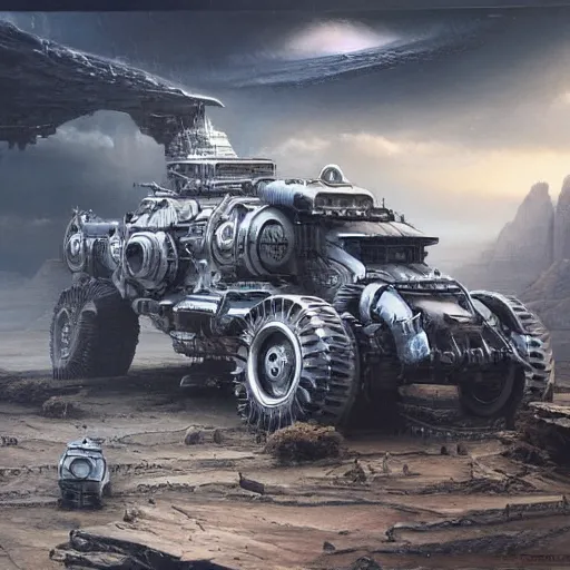 Image similar to highly detailed robotic vehicle in a scifi landscape by feng zhu, hyper - detailed, sharp, beautiful, desaturated, oil on canvas