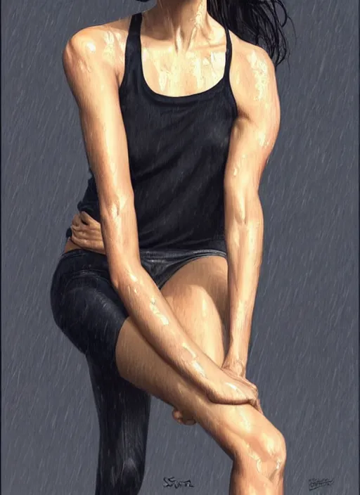 Image similar to full length photo of a very sweaty Oona Chaplin in a wet tanktop in the style of stefan kostic, full extremely slim body, not realistic, sharp focus, 8k high definition, insanely detailed, intricate, elegant, art by stanley lau and artgerm