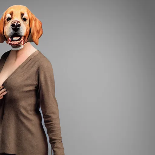 Image similar to realistic studio portrait, human face disguised as a dog, vfx special effects, dog human hybrid creature, in the style of annie leibovitz