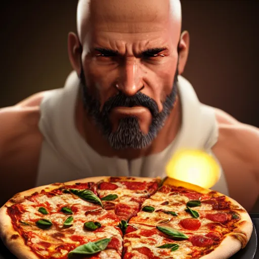 Prompt: man is surprised by pizza, photo by artgerm, greg rutkowski and alphonse mucha, unreal engine 5, 4 k uhd