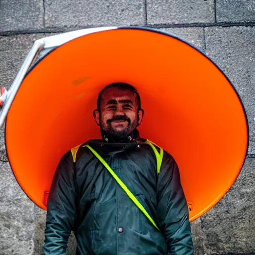 Prompt: man with traffic cone for head showering in rice