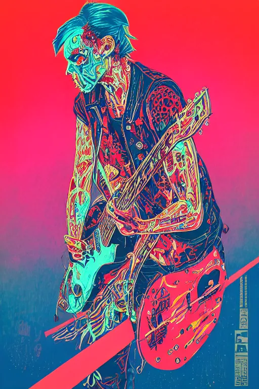 Image similar to risograph of a punk zombie playing guitar, tristan eaton, victo ngai, artgerm, rhads, ross draws, intricated details