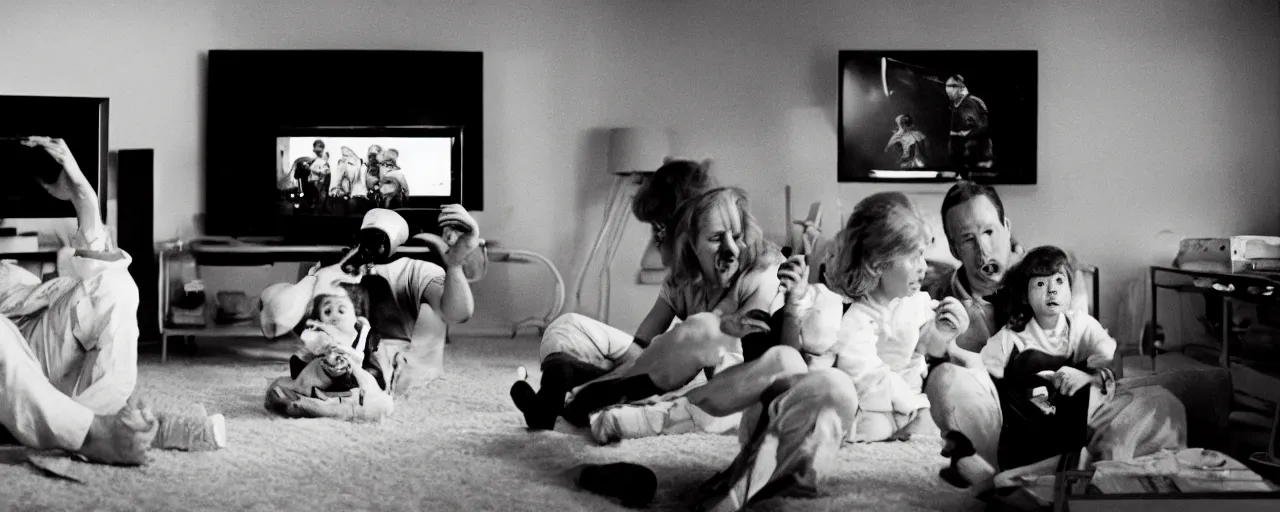 Image similar to a family watching the moon landing on tv, eating spaghetti, in the style of diane arbus, canon 5 0 mm, wes anderson film, kodachrome, retro