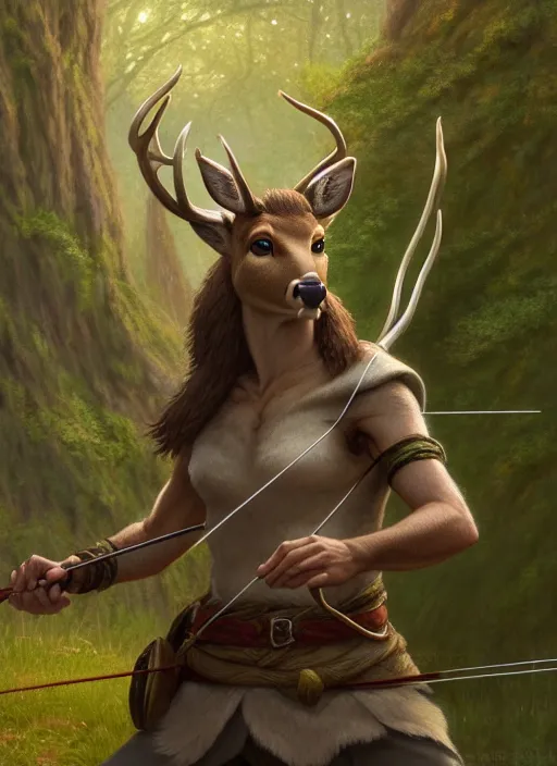 Image similar to a film still portrait of a deer elven archer, finely detailed features, cinematic lighting, perfect art, brian jacques redwall woodland, forest, intricate, artstation, trending on pixiv fanbox, painted by brian jacques greg rutkowski, studio ghibli, fantasy, 4 k