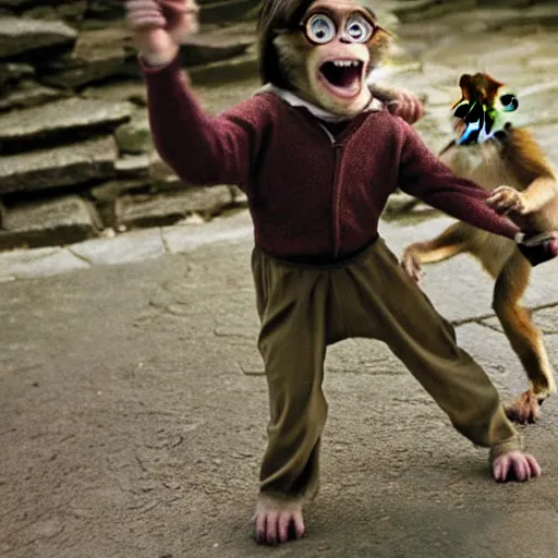 Prompt: harry potter fighting a monkey