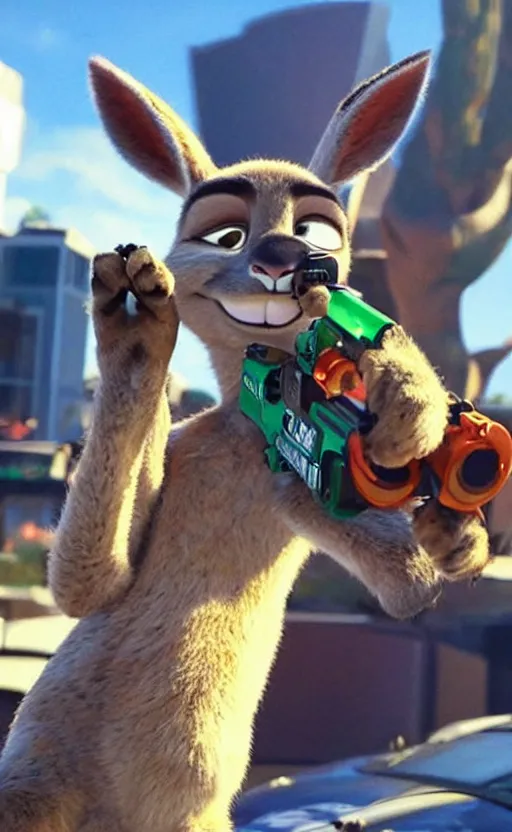 Image similar to “kangaroo in the style of the movie zootopia holding a laser gun and pointing it at the the camera”