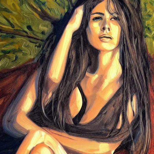 Image similar to full length portrait of a beautiful goddess, sitting in the shade, by Jason Jenicke, detailed, stylized, loose brush strokes, intricate, realistic, exaggerated lighting, sense of scale, ferocious, sensual