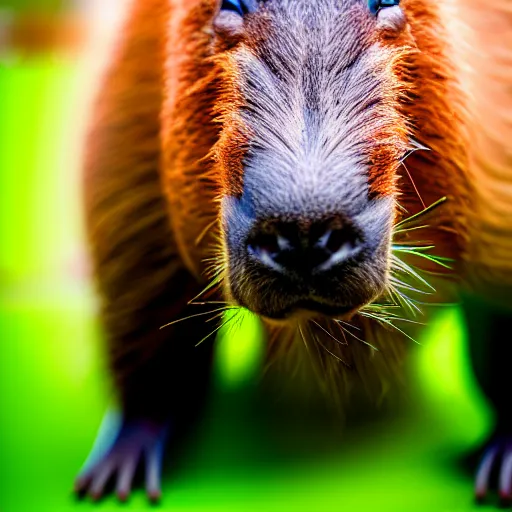 Image similar to cute capybara eating a neon nvidia gpu, chewing on a video card, cooling fans, cyberpunk, wildlife photography, bokeh, sharp focus, 3 5 mm, taken by sony a 7 r, 4 k, award winning