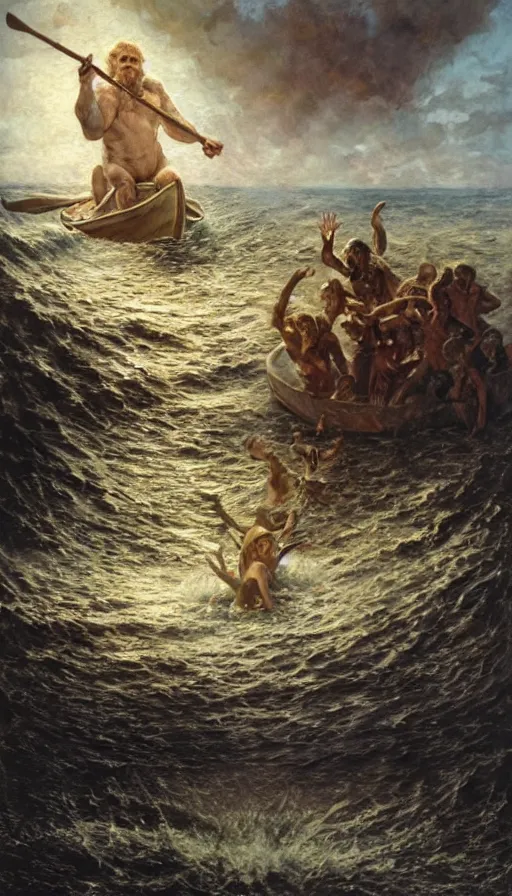 Prompt: man on boat crossing a body of water in hell with creatures in the water, sea of souls, by james gurney