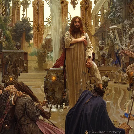 Prompt: a detailed picture of jesus cleansing the temple, thrown tables, scattered gold coins, fleeing merchants, fantasy, intricate, elegant, highly detailed, digital painting, artstation, matte, sharp focus, illustration, art by john collier and albert aublet and krenz cushart and artem demura and alphonse mucha