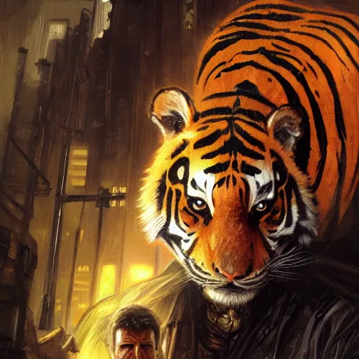 Prompt: man with the face of a Tiger blind at one eye in blade runner, D&D, fantasy, intricate, elegant, highly detailed, digital painting, artstation, concept art, smooth, sharp focus, illustration, art by artgerm and greg rutkowski and alphonse mucha