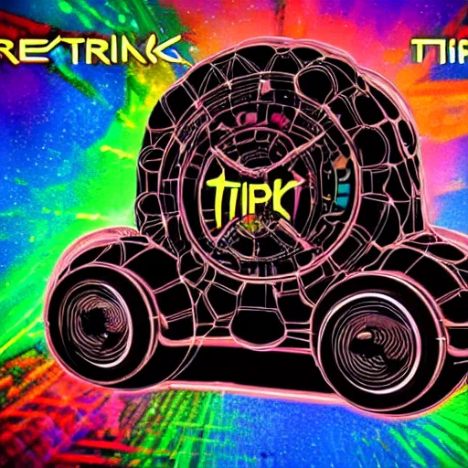 Image similar to sticker of a rock band, name is tripmachine, on the sticker is a 3 d render of a huge futuristic steampunk engine generator, 8 k, fluorescent colors, halluzinogenic, multicolored, exaggerated detailed, silk screen art