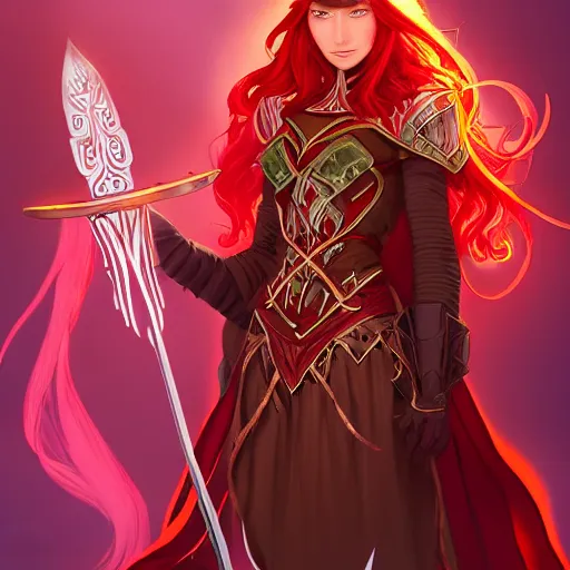 Image similar to a female elven cleric with red long hair, very good beautiful heavy scale armor, wearing a cape, casting a fire spell, magical, bright, colorful, fantastic lighting, amazing details, 4 k uhd, illustration by stephanie brown and mingchen shen and ilya kuvshinov, artstation, pixiv, concept art,