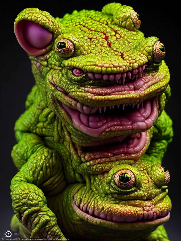 Image similar to hyperrealistic rendering, fat smooth cronenberg flesh monster toad kaiju by donato giancola and greg rutkowski and wayne barlow and zdzisław beksinski, eyeballs, product photography, action figure, sofubi, studio lighting, colored gels, colored background