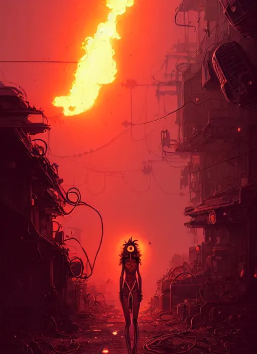 Prompt: highly detailed portrait of a wasteland long curly fire hair tribal lady, stray wiring by atey ghailan, james gilleard, by joe fenton, by greg rutkowski, by greg tocchini, by kaethe butcher, 4 k resolution, gradient red, orange, black and white color scheme!!! ( ( burning flaming robotic dystopian city background ) )