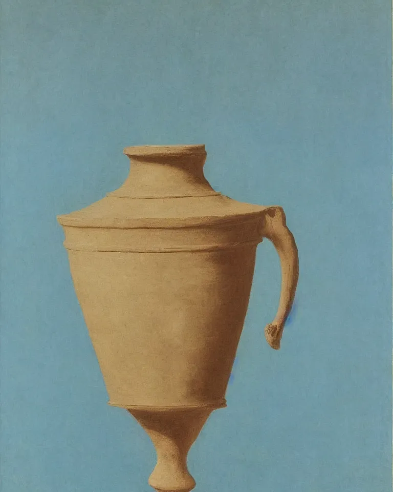 Prompt: achingly beautiful print of solitary painted ancient greek vase on baby blue background by rene magritte, monet, and turner.