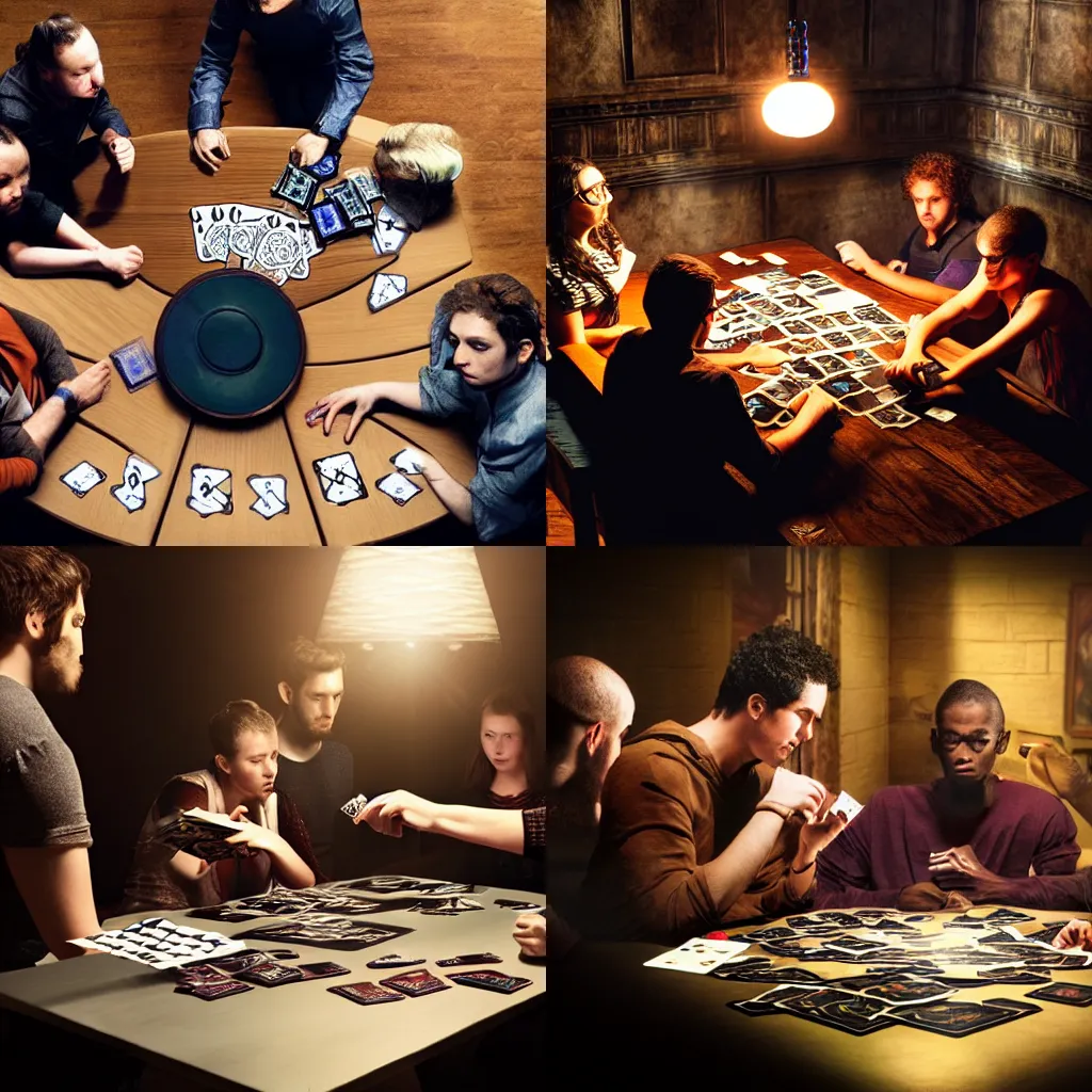 Prompt: four people playing magic the gathering around a table, HD photography, dramatic lighting, contrast, accidentally renaissance
