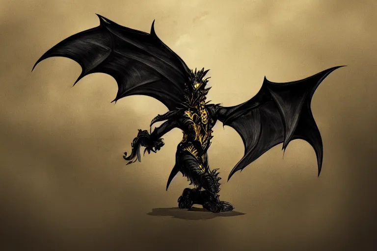 Image similar to full body digital illustration of a young dragon of black and gold, clouds, bituminous pattern by randy vargas, bituminous design studio lighting, concept art, matte background, deviantart, artstation