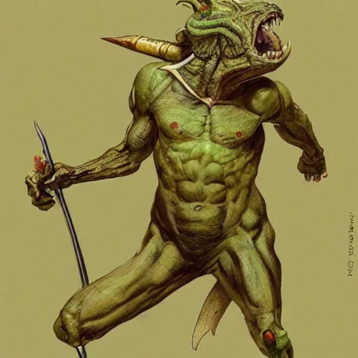 Image similar to dog - faced muscular goblin, ugly face, lizard tail, holding scimitar made of bone, scimitar, colorized, green skin, hyper - detailed, primeval fantasy, prehistoric fantasy, art by jacques - louis david