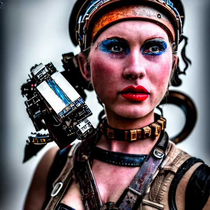 Image similar to photograph of a real - life very beautiful atompunk warrior. extremely detailed. dslr. 8 5 mm.