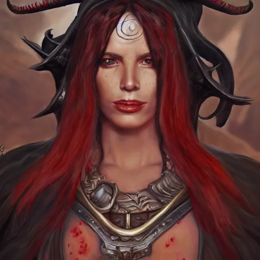 Prompt: portrait of a female berber tiefling with red skin, devil horns and black hair in a ponytail wearing a steel chestplate in a desert, fantasy, highly detailed, digital painting, artstation, concept art, character art, art by artgerm and greg rutkowski and tyler jacobson and alphonse mucha