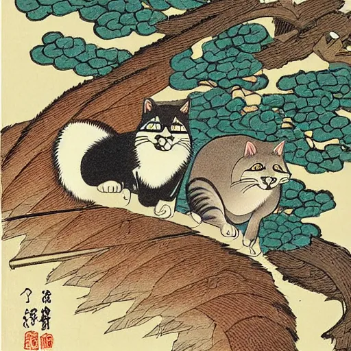 Prompt: a cat and a racoon on the top of a medieval house next to japan cherry tree the style of Hokusai